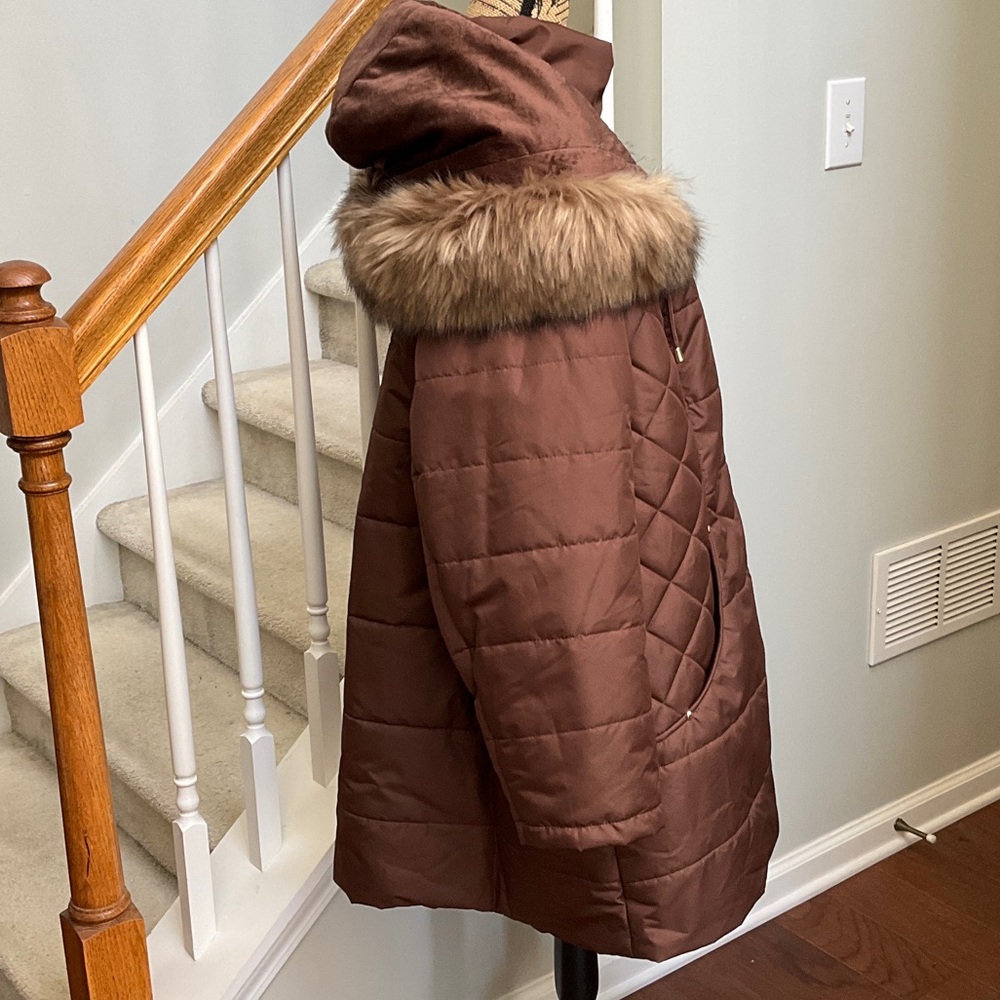 Susan Graver Brown Puffer Coat with Faux Fur Trim 2XL - Picture 2 of 12